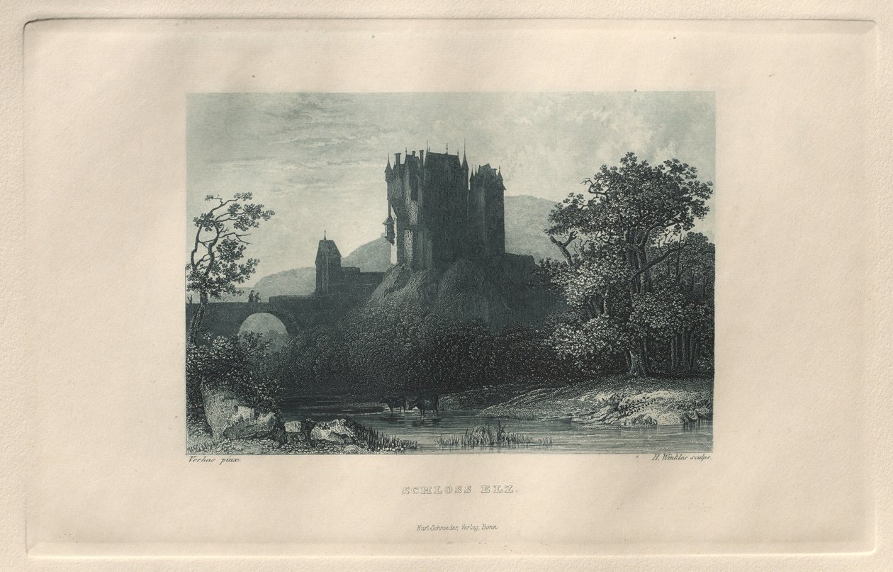 सुरम्य और रोमांटिक राइनलैंड: श्लॉस एल्ज़, 1928। द्वारा हेनरी विंकल्स