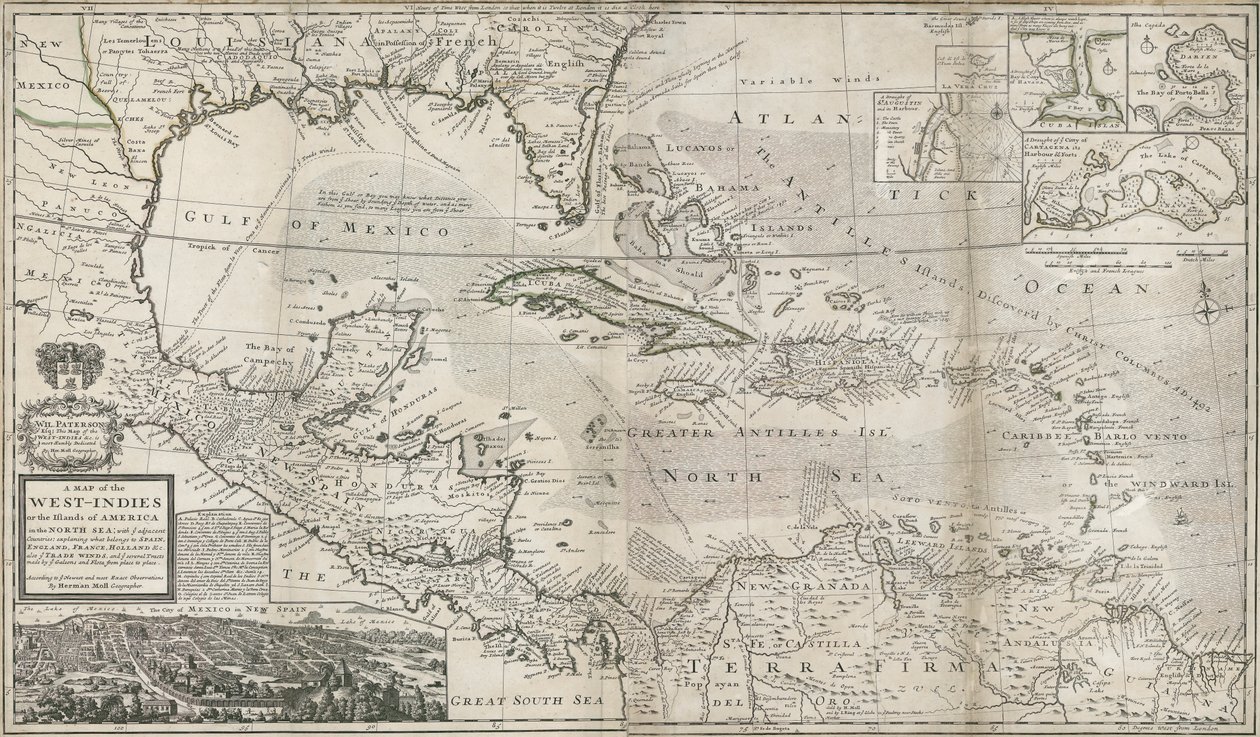 कैरेबियन का नक्शा, 1715 (हाथ से सजी रंग की नक्काशी) द्वारा हरमन मोल