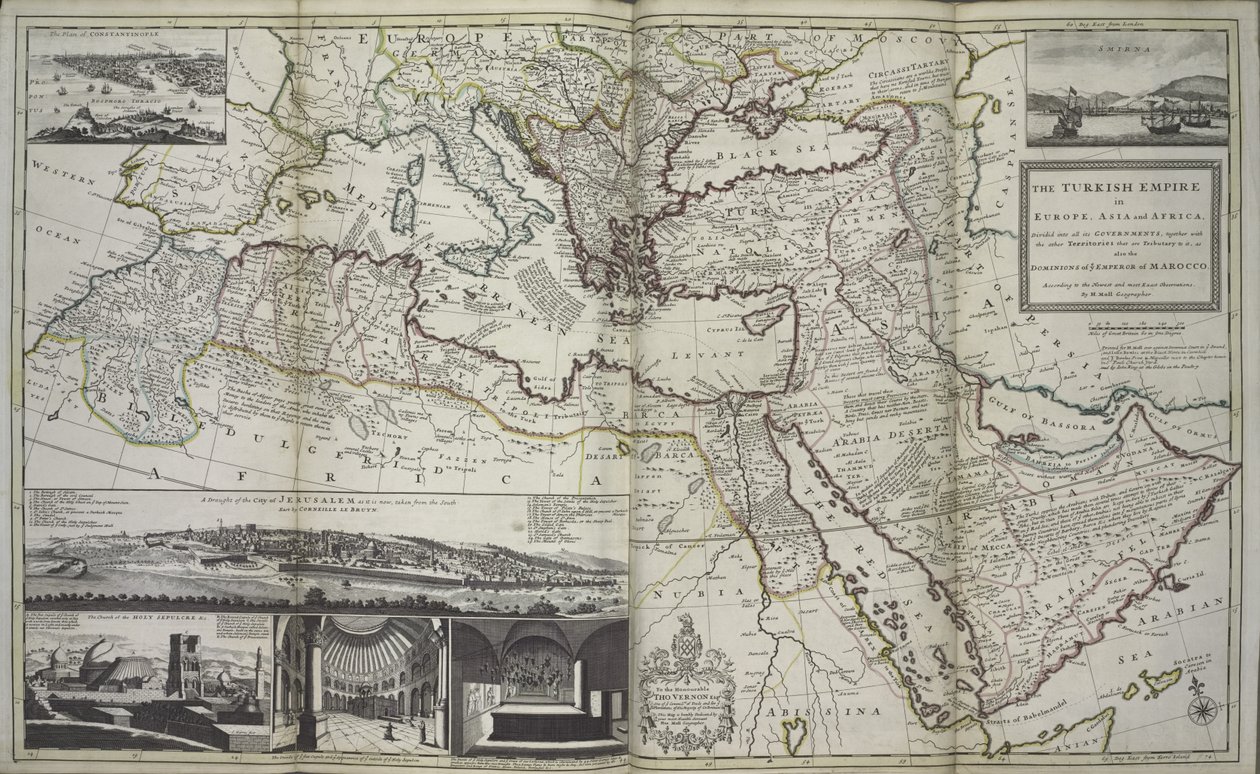 यूरोप, एशिया और अफ्रीका में तुर्की साम्राज्य, 1736 (हाथ के रंग का प्रिंट) द्वारा हरमन मोल