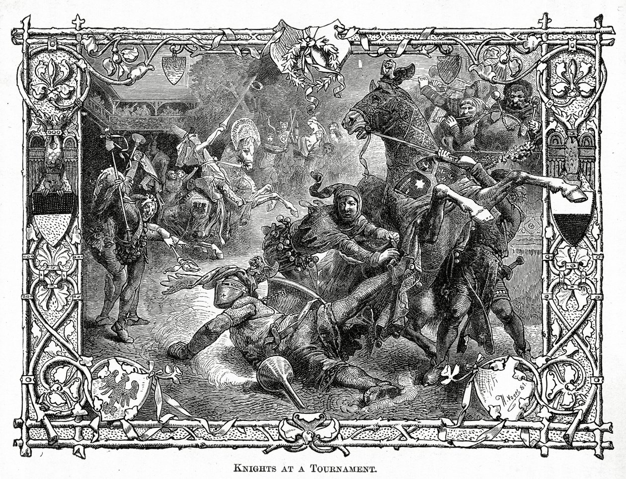 टूर्नामेंट में शूरवीर, c.1882 (लकड़ी की नक्काशी) द्वारा हरमन वोगेल