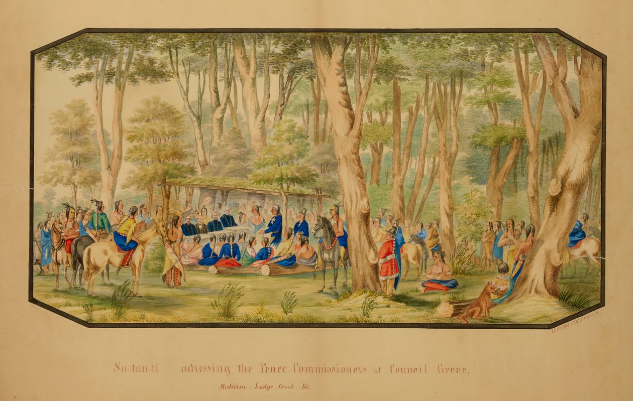 सा-तन-ती काउंसिल ग्रोव, मेडिसिन लॉज क्रीक, 1867 में शांति आयुक्तों को संबोधित करते हुए। द्वारा हरमन स्टीफ़ेल