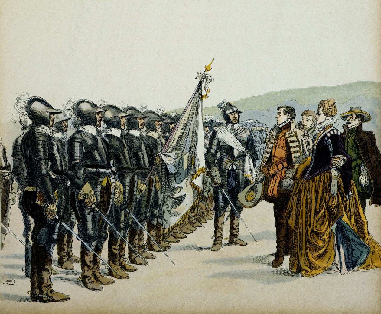 अल्ब्रेट के जोन या अल्ब्रेट के जोन III (1528-1572) और उनके बेटे हेनरी चतुर्थ (1553-1610) उनके प्रोटेस्टेंट सैनिकों से पहले। "हेनरी IV" में हरमन वोगेल (1856-1918) द्वारा चित्रण द्वारा हरमन वोगेल