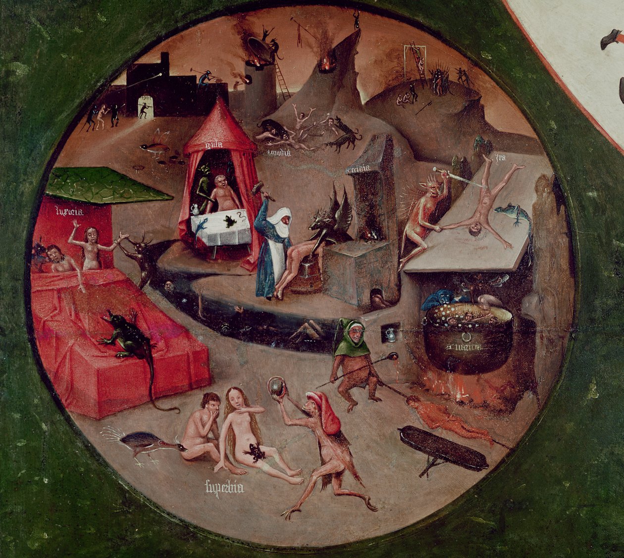 सात घातक पापों का टेबलटॉप और चार अंतिम चीजें, नर्क का विवरण, c.1480 (पैनल पर तेल) द्वारा हिरेमस बॉश