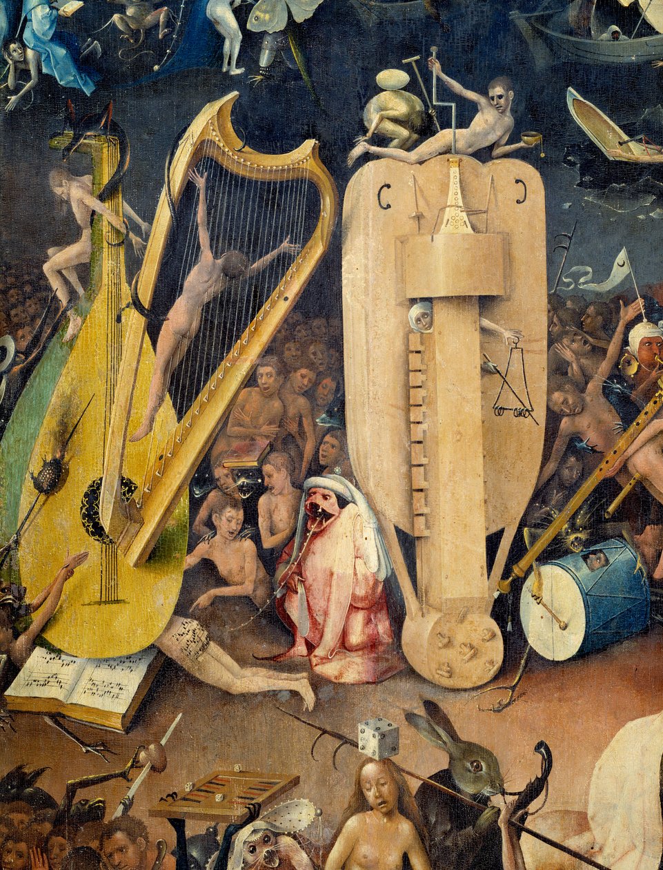 हिरोनिमस वैन एकेन (एकेन) द्वारा जेरोम बॉश (1450-1516) द्वारा "द गार्डन ऑफ टेरेस्ट्रियल डेलिसेस" के ट्राइप्टिक के दाहिने हिस्से का नर्क विवरण द्वारा हिरेमस बॉश