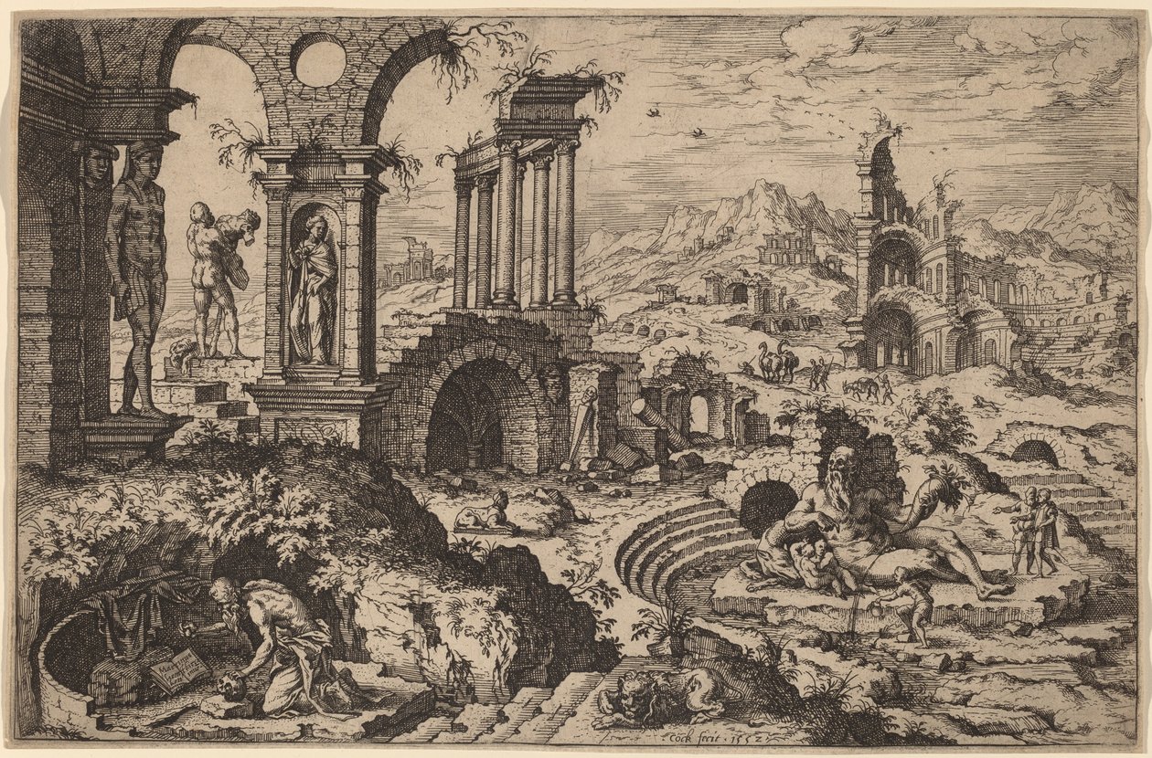 खंडहरों के साथ एक परिदृश्य में सेंट जेरोम द्वारा Maerten van Heemskerck . के बाद Hieronymus कॉक