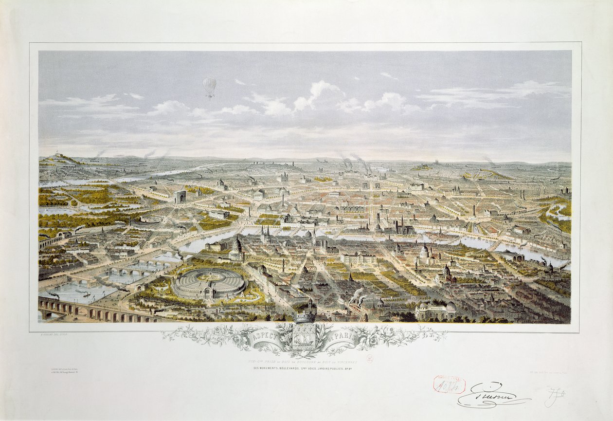 1867 में यूनिवर्सल प्रदर्शनी के दौरान Bois de Boulogne से पेरिस का दृश्य (रंग उत्कीर्णन) द्वारा हिलैरे गुएन्नु