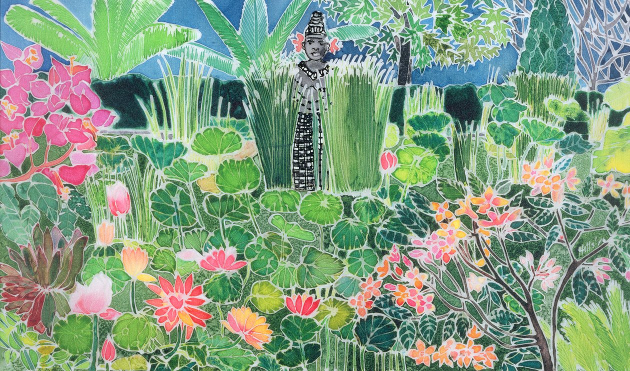 लोटस पॉन्ड, उबुद, बाली, 1997 (रेशम पर रंगीन स्याही) द्वारा हिलेरी सिमोन