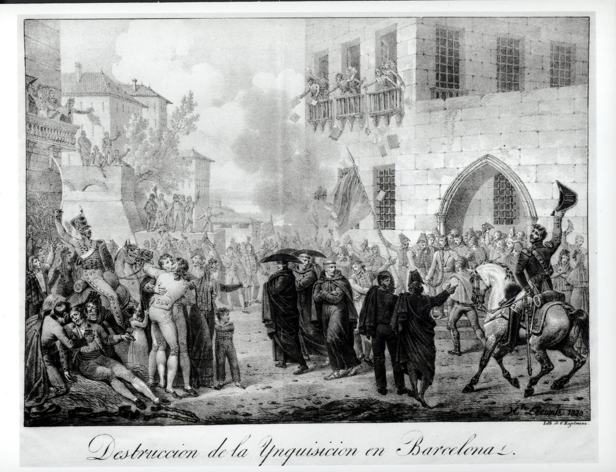 10 मार्च 1820 को बार्सिलोना में इंक्वायरी का विनाश, गोदेफ्रॉय एंगेलमैन द्वारा उत्कीर्ण द्वारा Hippolyte Lecomte
