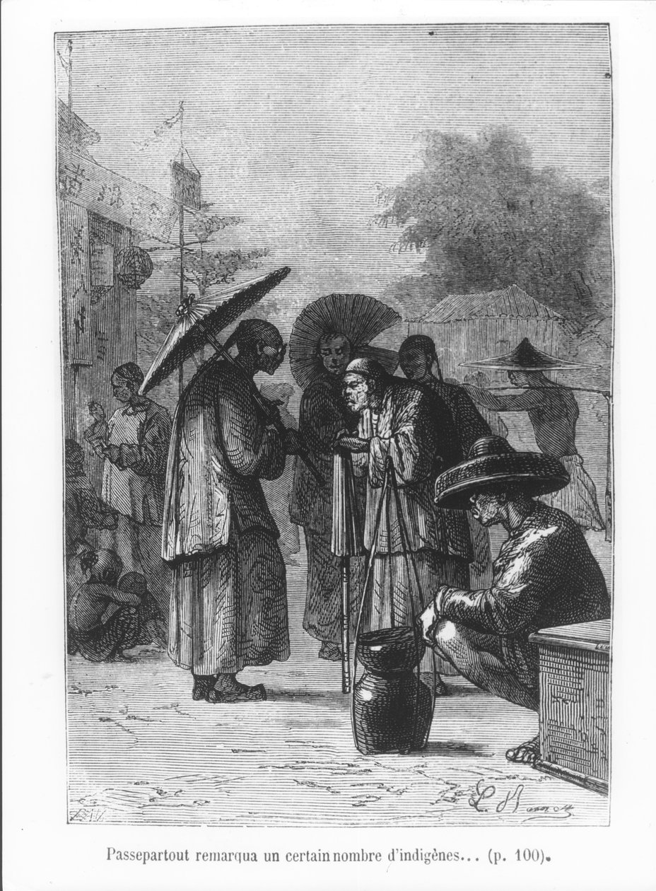 पससेपार्टआउट ने कई मूल निवासियों को नोटिस किया, पान, 1873 द्वारा उत्कीर्ण जूल्स वर्ने (1828-1905) में &39;अस्सी के दशक में दुनिया भर से&39; चित्र द्वारा हिप्पोलाइट लियोन बेनेट