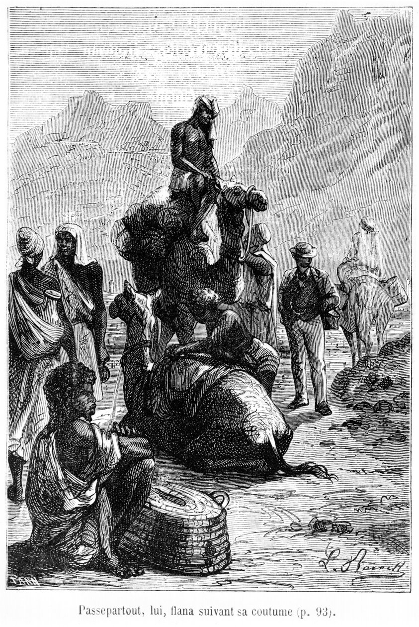 पसेपार्टआउट हमेशा की तरह टहल रहा था, जूल्स वर्ने (1828-1905) देर से 19 वीं सदी के &39;अस्सी वर्ल्ड में अस्सी दिन&39; का चित्र द्वारा हिप्पोलाइट लियोन बेनेट