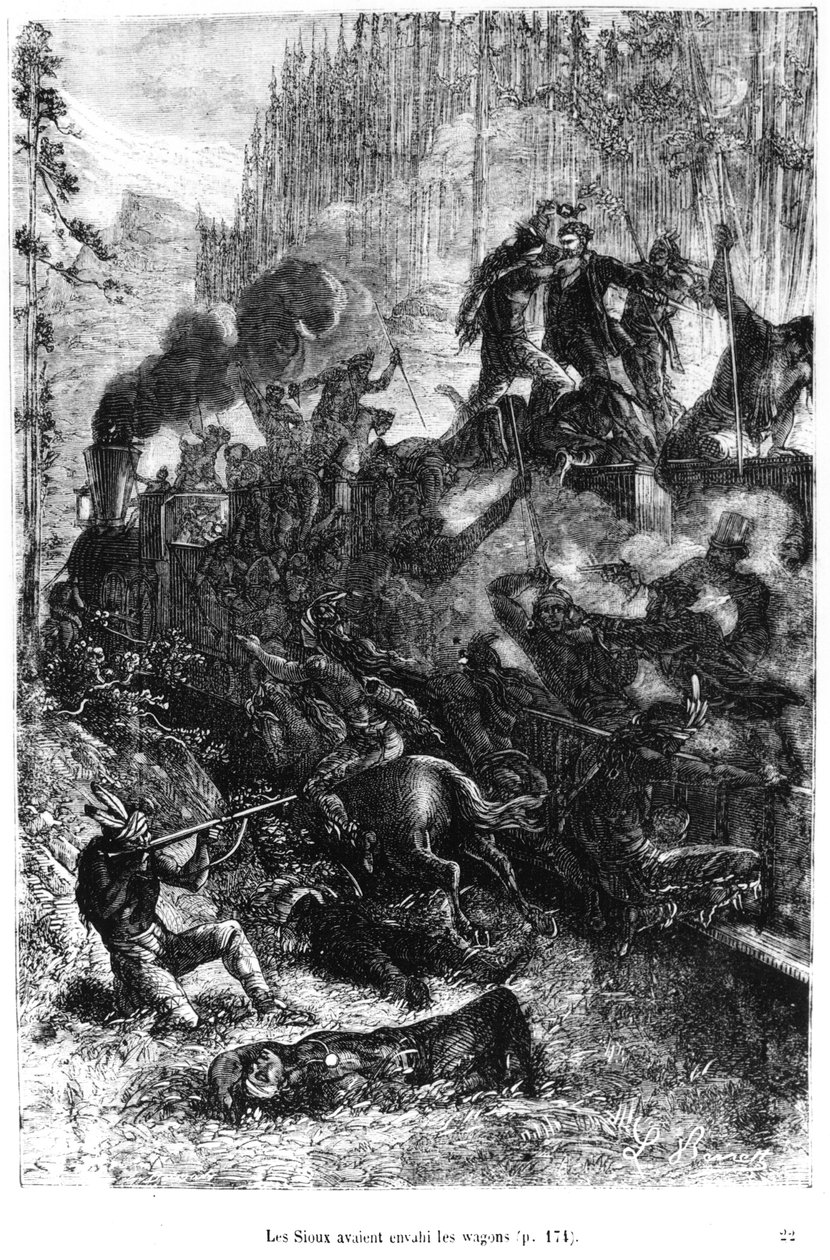 सियुक्स ट्रेन पर हमला, जूल्स वर्ने (1828-1905) 19 वीं सदी के अंत में &39;अस्सी के दशक में दुनिया भर&39; का चित्र द्वारा हिप्पोलाइट लियोन बेनेट