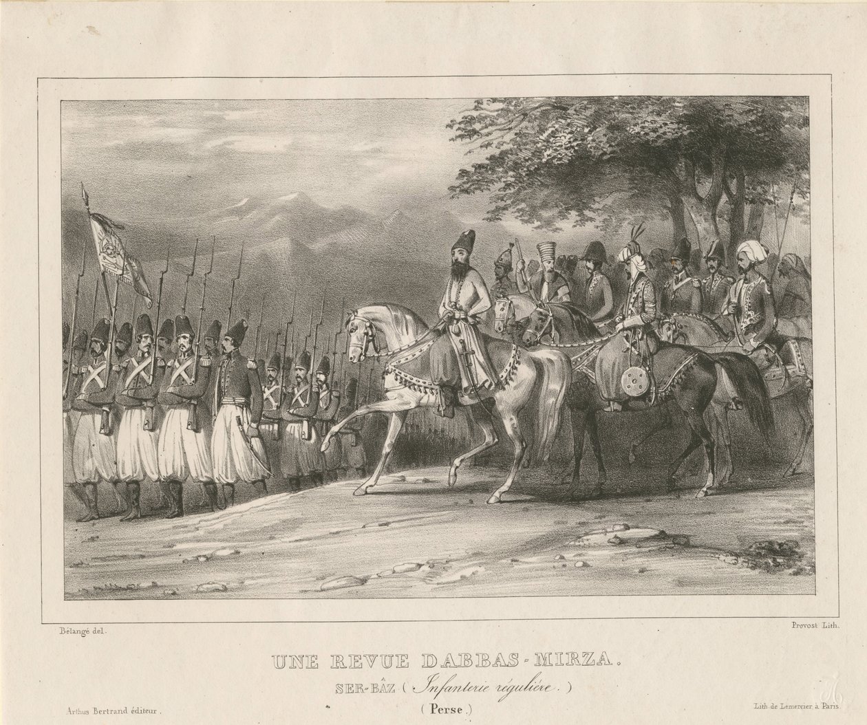 प्रिंस, फील्ड-मार्शल अब्बास मिर्जा 1789-1833 पैदल सेना रेजिमेंट, 1835 का निरीक्षण करते हैं द्वारा हिप्पोलाइट बेलेंज