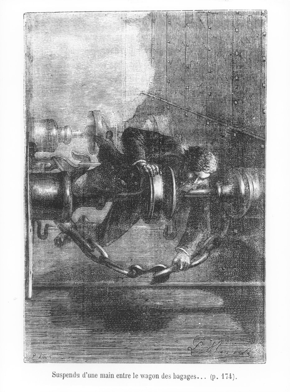 बैगेज कार के बीच एक हाथ से लटका, जूल्स वर्ने (1828-1905) द्वारा पी। लुईस, 1873 द्वारा उत्कीर्ण &39;अस्सी के दशक में दुनिया का चित्रण&39; द्वारा हिप्पोलाइट लियोन बेनेट