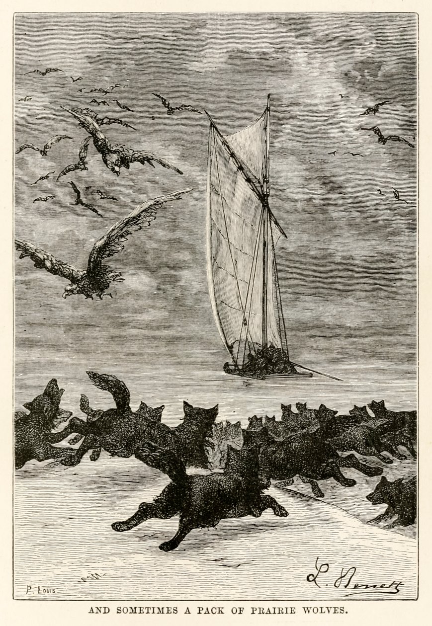 और कभी-कभी लुईस, 1873 द्वारा उत्कीर्ण जूलस वर्ने (1828-1905) द्वारा अस्सी दिनों में दुनिया भर से प्रैरी भेड़ियों का एक पैकेट द्वारा बेनेट के बाद हिप्पोलाइट लियोन