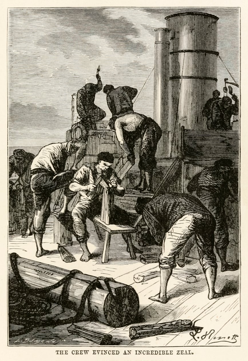 क्रू ने एक अविश्वसनीय उत्साह का विकास किया, अस्सी डेज इन द जूलस वर्ने (1828-1905) द्वारा लुई ड्यूमॉन्ट (b.1822), 1873 द्वारा उत्कीर्ण दुनिया भर से द्वारा बेनेट के बाद हिप्पोलाइट लियोन