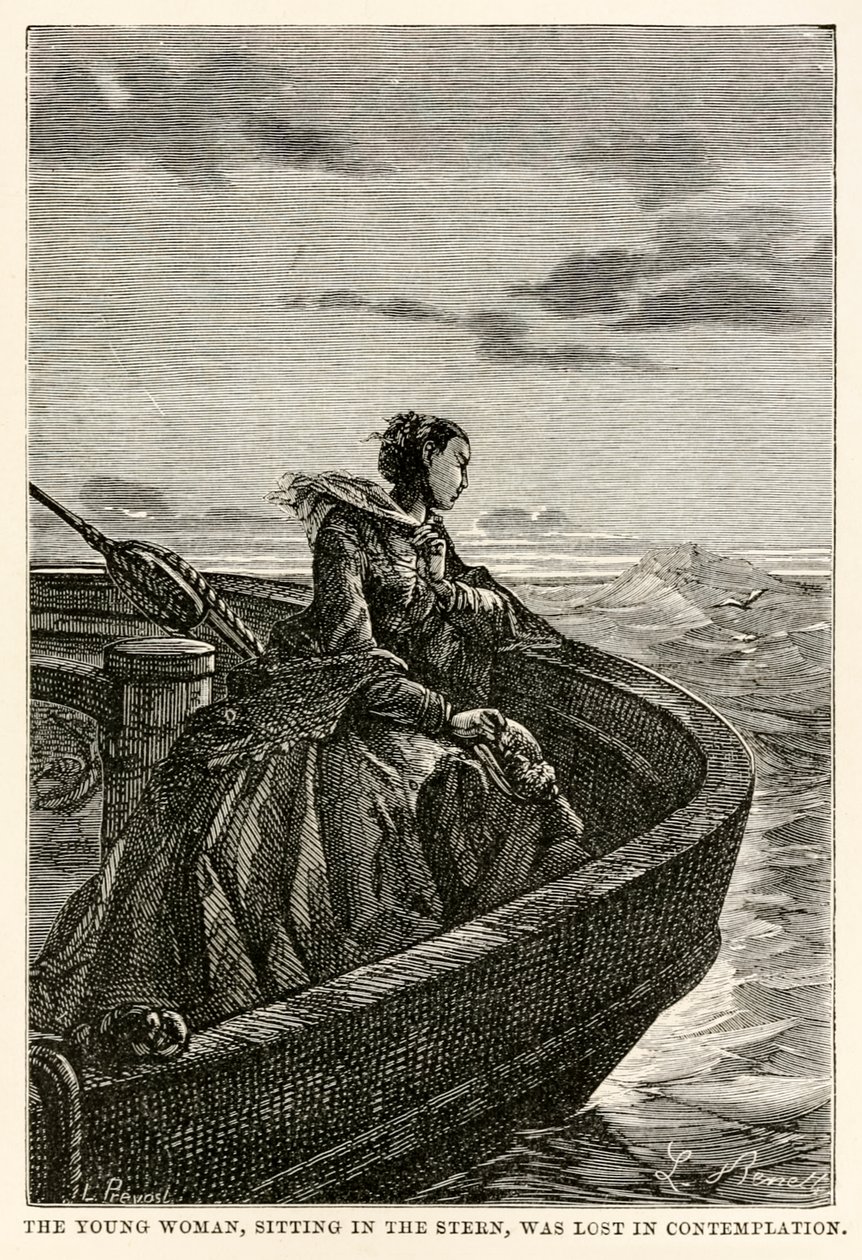 स्टर्न में बैठी युवती, जीन लुइस प्रेवोस्ट (1790-1850), 1873 द्वारा उत्कीर्ण जूल्स वर्ने (1828-1905) द्वारा अस्सी डेज में दुनिया भर से चिंतन में खो गई द्वारा बेनेट के बाद हिप्पोलाइट लियोन