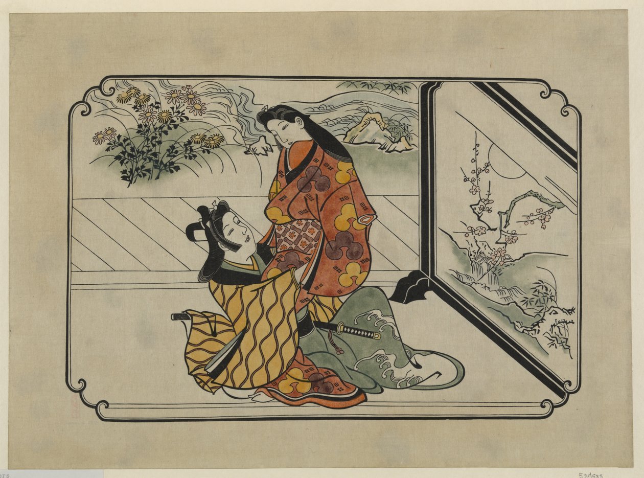 हाथ से रंगीन ukiyo-e प्रिंट दो प्रेमियों ने एक चित्रित स्क्रीन के सामने गले लगाया द्वारा हिशिकावा मोरोनोबू