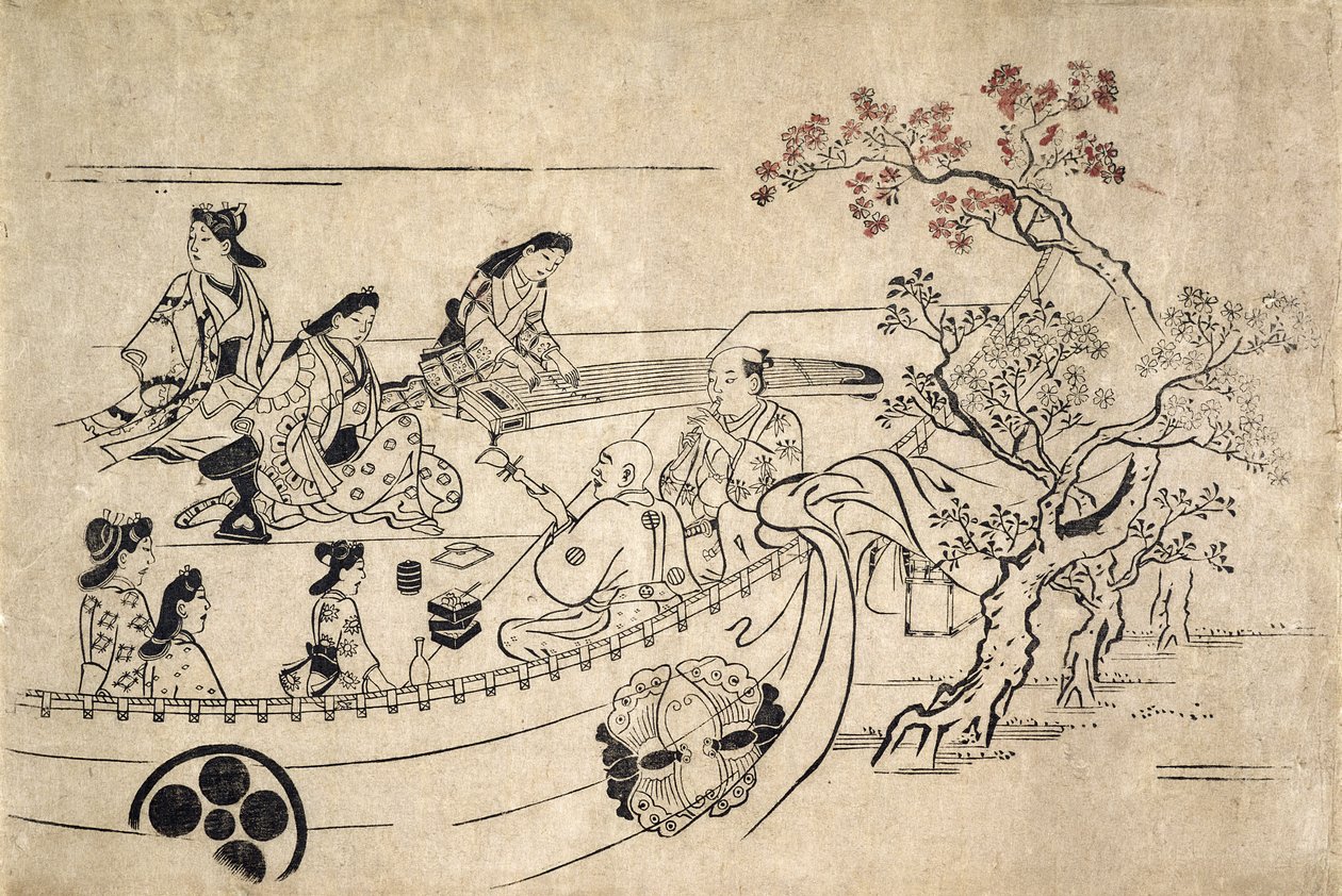 Ueno में चेरी ट्री के तहत संगीत, c.1680 (वुडब्लॉक प्रिंट) द्वारा हिशिकावा मोरोनोबू