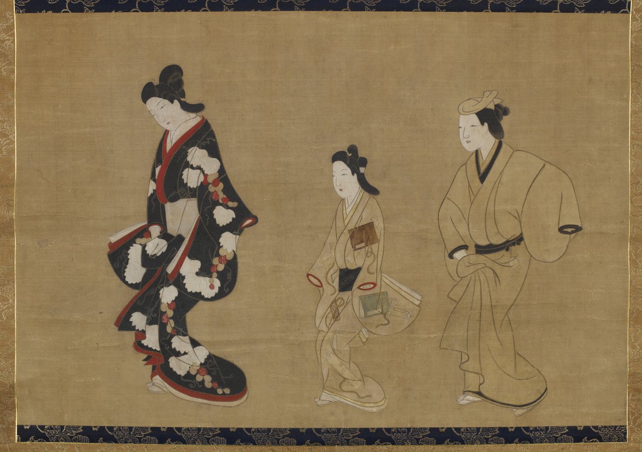 वेश्या, कामुरो और वकाशु, c.1695 (रेशम पर स्याही और रंग) द्वारा मोरोनोबु हिशिकावा