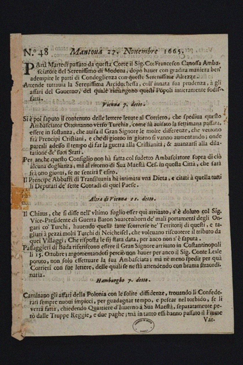 Gazzetta di Mantova - सबसे पुराना इतालवी समाचार पत्र, 1665 द्वारा ऐतिहासिक वस्तु