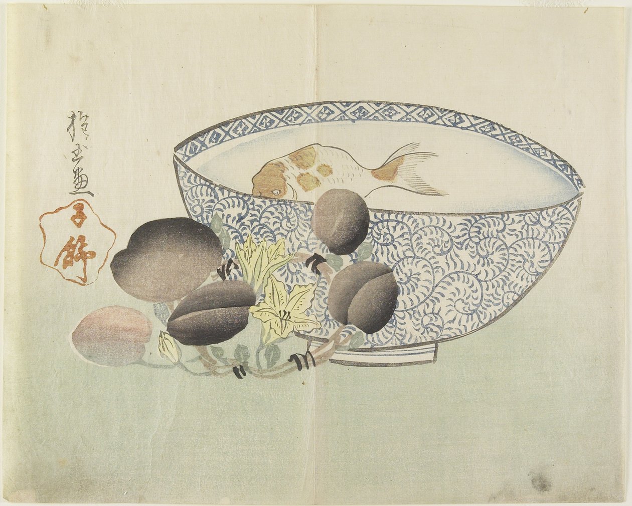 (फल के साथ बाउल ऑफ फिश, फ्लॉवरिंग ब्रांच में मछली), 1830 द्वारा Hogyoku
