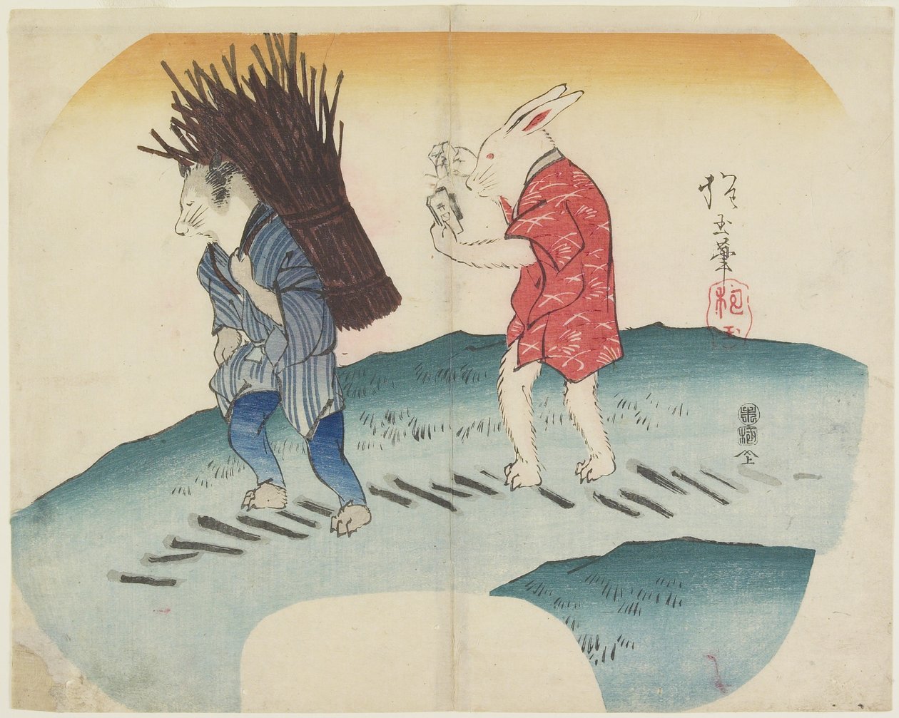 (रैबकॉन द्वारा की गई जलाऊ लकड़ी पर खरगोश सेटिंग आग), 1835 द्वारा Hogyoku