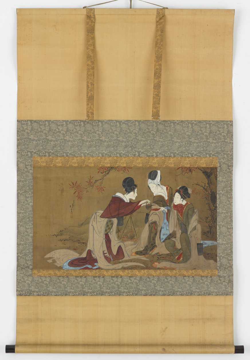 शरद ऋतु के पत्तों की आग पर गर्म किए गए तीन शिराब्योशी पेय, ईदो काल, 1800-1850। द्वारा होकुगा
