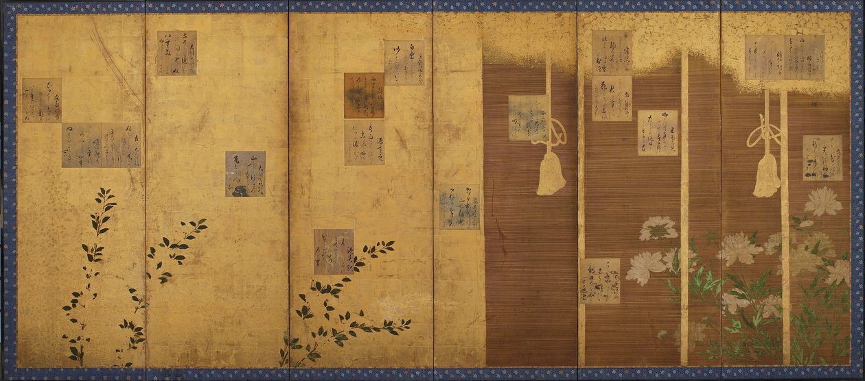 एंथोलॉजी, शिन कोकिंशु, ईदो काल, c1624-1637 की कविताओं के साथ फोल्डिंग स्क्रीन माउंटेड। द्वारा माननीय कोमेत्सु