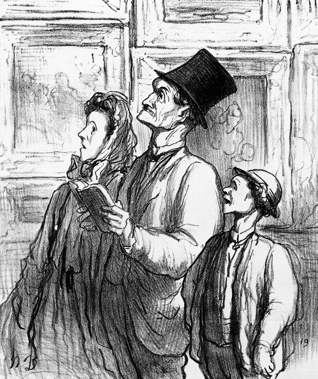 1863 के पेरिस सैलून में जाने वाले परिवार और मैनिट द्वारा पेंटिंग &39;ओलंपिया&39; पर टिप्पणी करते हुए, &39;चवरी&39; पत्रिका से कार्टून, 19 जून, 1865 द्वारा होनोरे ड्यूमियर