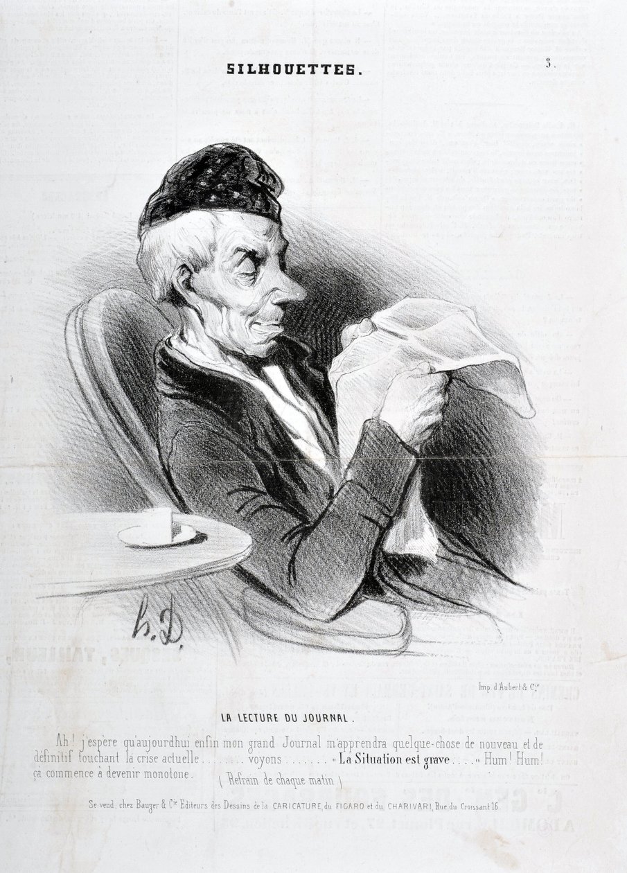 हॉनर ड्यूमियर द्वारा कलाकृति (1808-1879)। 1840 से चारिवारी की तारीखें: SOUXETTES श्रृंखला "" समाचार पत्र पढ़ना "" मुसी डेस ब्यूक्स कला - पालिस लोंगचम द्वारा होनोरे ड्यूमियर