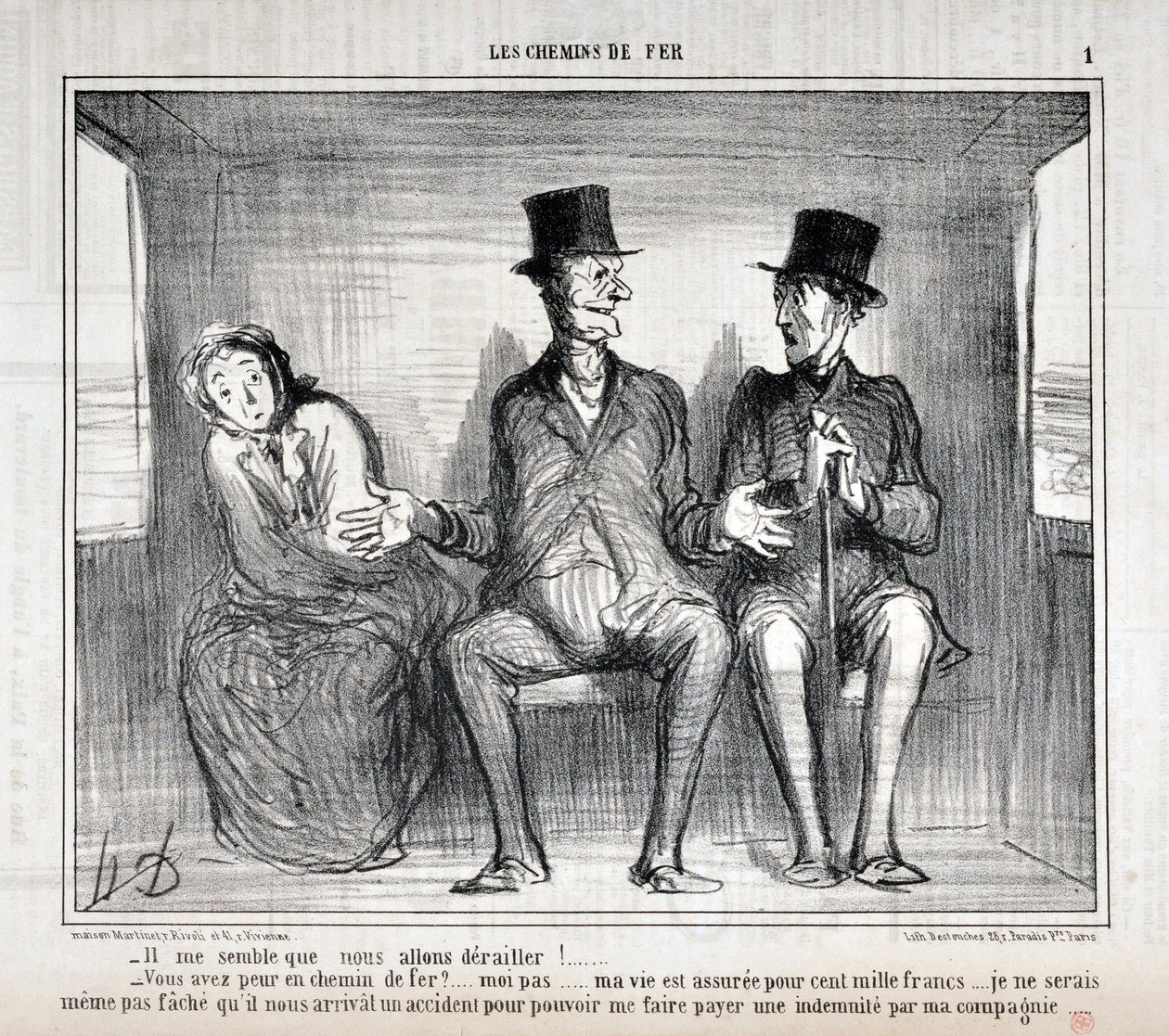 हॉनर ड्यूमियर द्वारा कलाकृति (1808-1879)। १८५७ से चारीवारी की तारीखें: सीरी लेस रेलवे "" मुझे ऐसा लगता है कि हम पटरी से उतर जाएंगे!... क्या आप रेल पर डरते हैं? मुझे नहीं... मेरे जीवन का एक लाख फ़्रैंक के लिए बीमा है ... मैं चिंता भी नहीं करना चाह द्वारा होनोरे ड्यूमियर