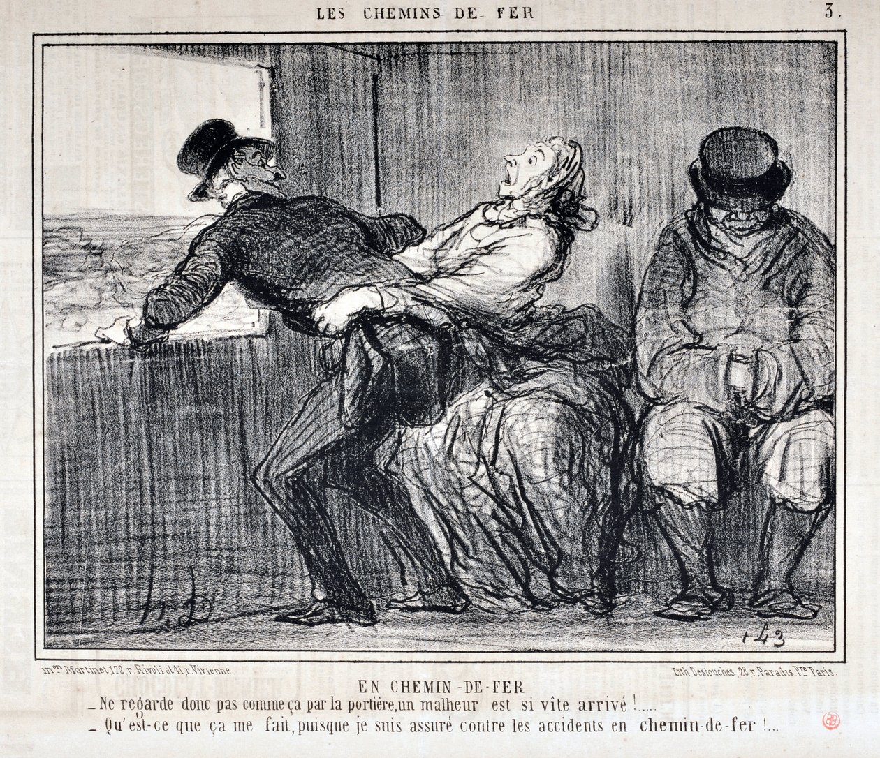 हॉनर ड्यूमियर द्वारा कलाकृति (1808-1879)। चारिवारी दिनांक 1858 से: सेरी लेस रेलवे रेलमार्ग द्वारा "" -तो ऐसा मत देखो कि दरवाजे के माध्यम से एक दुर्भाग्य इतनी तेजी से आ रहा है!... "इससे मुझे क्या फर्क पड़ता है, क्योंकि मैं दुर्घटनाओं के खिलाफ द्वारा होनोरे ड्यूमियर