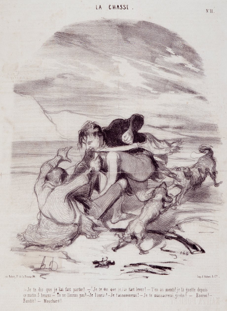 शिकारी के बारे में कार्टून। श्रृंखला "" जीवन के सुंदर दिन - शिकार "": "" मैं आपको बताता हूं कि मैंने उसे छोड़ दिया ... "" ऑनर ड्यूमर (1808-1879) द्वारा उत्कीर्ण। 10 जनवरी को समाचार पत्र "ले चारिवारी" से उद् द्वारा होनोरे ड्यूमियर
