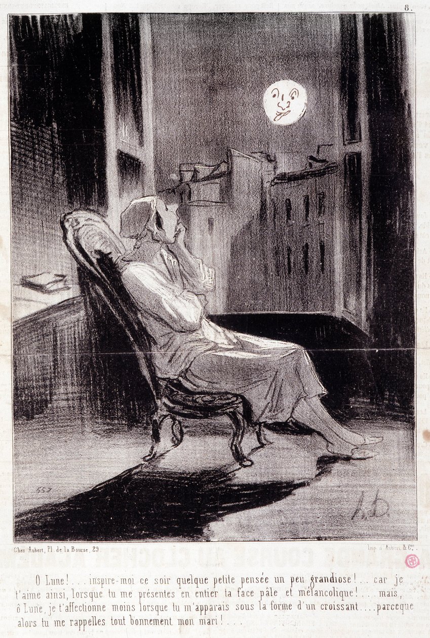 महिला लेखकों के बारे में कार्टून। श्रृंखला "" बास ब्लियस "": "" हे! चंद्रमा आज रात मुझे प्रेरित करता है ..."" ऑनर ड्यूमियर द्वारा उत्कीर्णन (1808-1879)। समाचार पत्र "" ले चरिवारी "" 28 फरवरी . से  द्वारा होनोरे ड्यूमियर