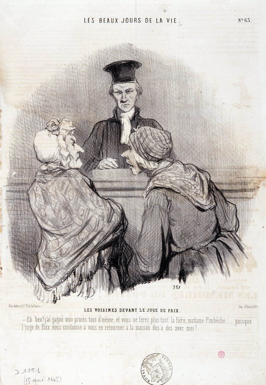नेबरहुड रिलेशंस पर कार्टून: सीरी "" द ब्यूटीफुल डेज़ ऑफ़ लाइफ "": "" नेबर्स बिफोर द जस्टिस ऑफ़ पीस ... "" एनग्रेविंग बाय ऑनर ड्यूमियर (1808-1879)। 15 मई को समाचार पत्र "ले चारिवारी" से उद्धरण द्वारा होनोरे ड्यूमियर