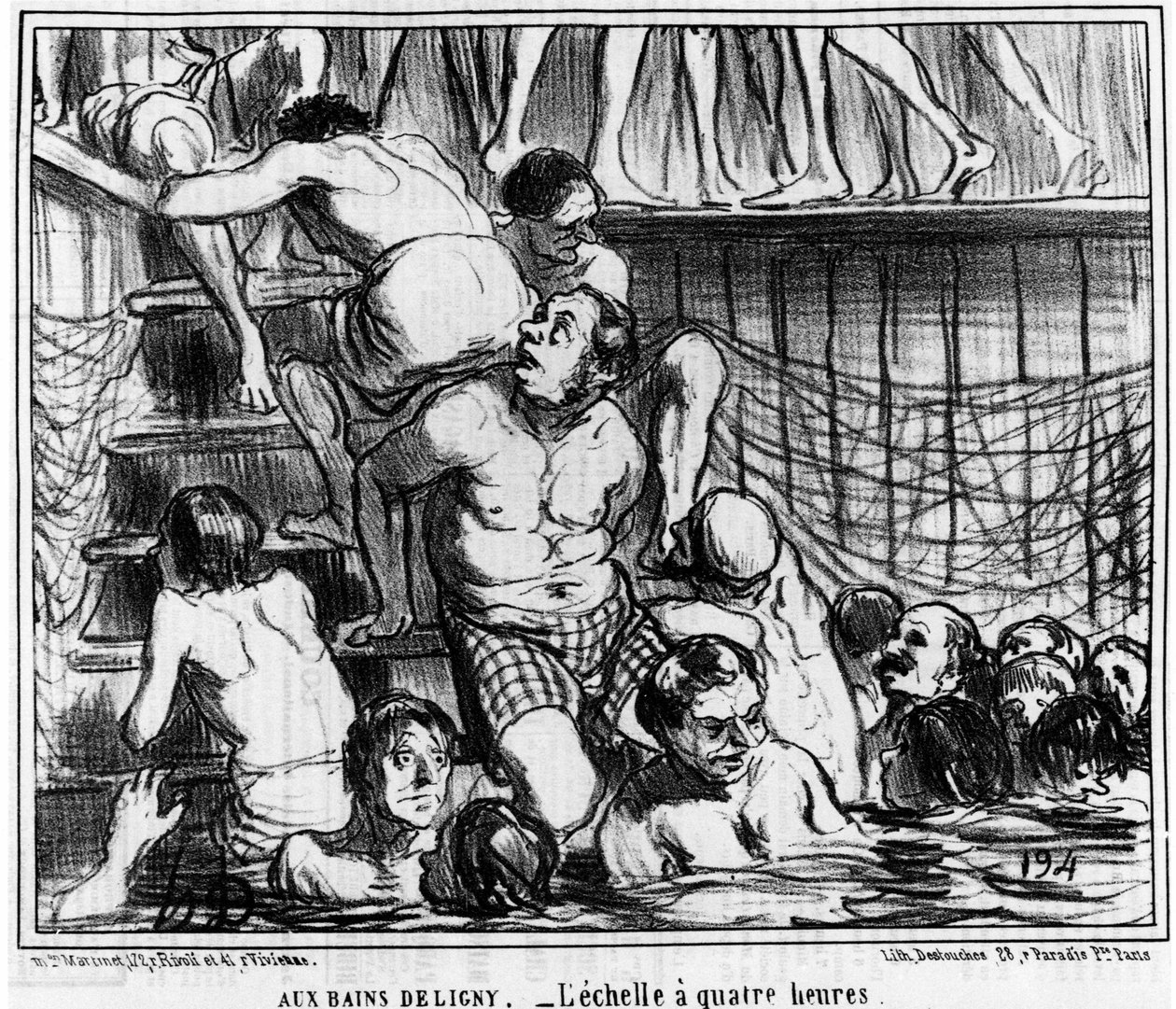 Les bains Deligny - चार घंटे का पैमाना: "स्केच d'Ete" से चित्रण, तैराकी और स्नान पर कार्टूनों की श्रृंखला Deligny द्वारा ऑनोर ड्यूमियर (1808-1879)। "चारिवारी" द्वारा होनोरे ड्यूमियर