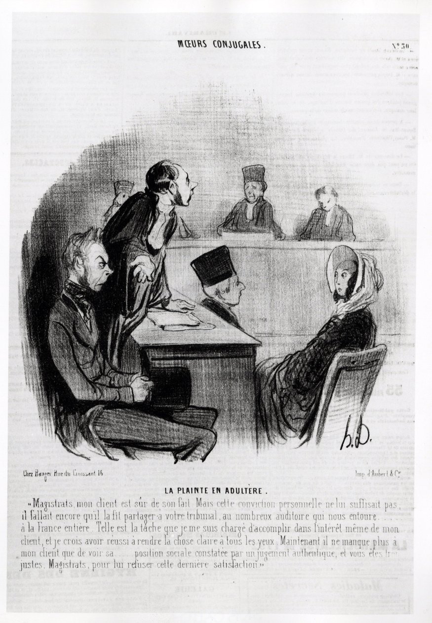 विवाह : व्यभिचार की शिकायत। इलस्ट्रेशन डी'ऑनोर ड्यूमियर (1808-1879), "" चारिवारी" में समाचार में प्रकाशित, दिनांक २० नवंबर १८४०। द्वारा होनोरे ड्यूमियर