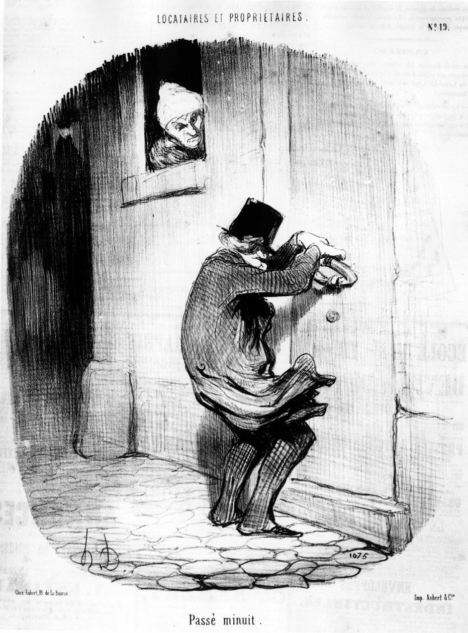 आधी रात बीत गई। आदमी "" किरायेदारों और मालिकों "" से किरायेदार के पास देर से लौट रहा है, हॉनर ड्यूमियर (1808-1879) द्वारा कार्टून श्रृंखला। "चारिवारी" द्वारा होनोरे ड्यूमियर