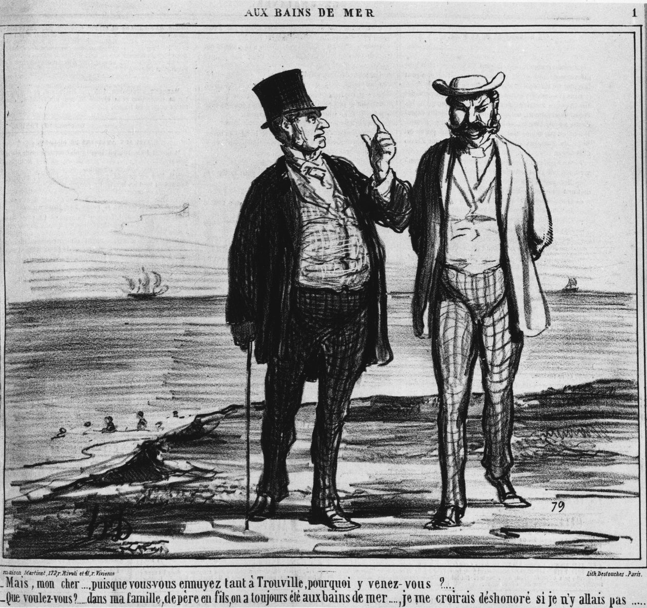 समुद्रतट स्नान: परंपराओं और पारिवारिक आदतों के भार के ट्रौविल समुद्र तट पर पेरिसवासी - 25/08/1859 से "" चारिवारी "" में होनोर ड्यूमियर द्वारा द्वारा होनोरे ड्यूमियर