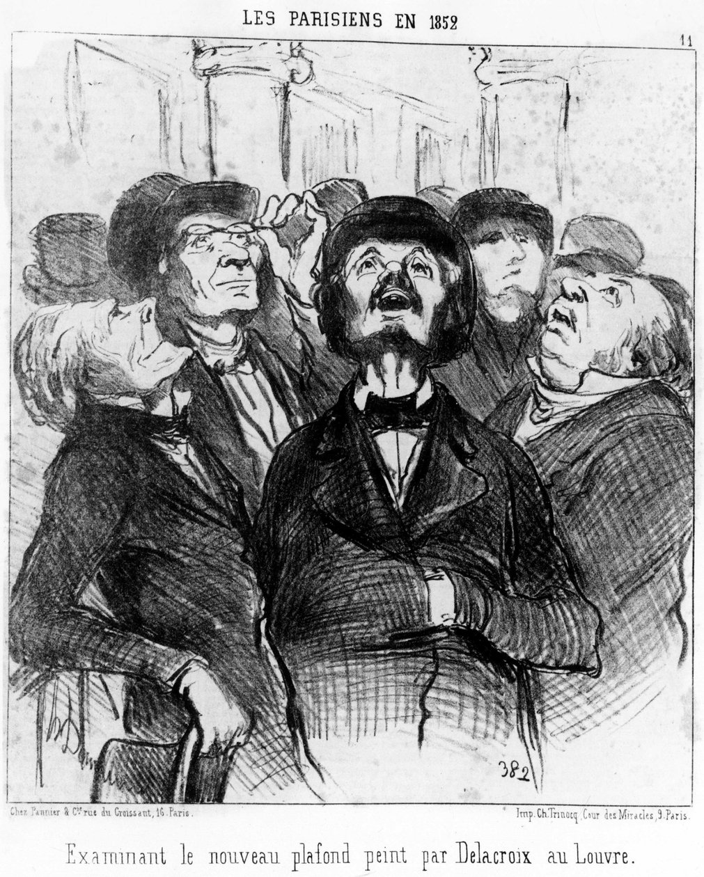 1852 में पेरिसवासी, "" पेंटिंग्स और सैलून" से ली गई लौवर में डेलाक्रोइक्स द्वारा चित्रित नई छत की जांच करते हुए, ऑनर ड्यूमियर (1808-1879) द्वारा कैरिकेचर की श्रृंखला। "चारिवारी" द्वारा होनोरे ड्यूमियर