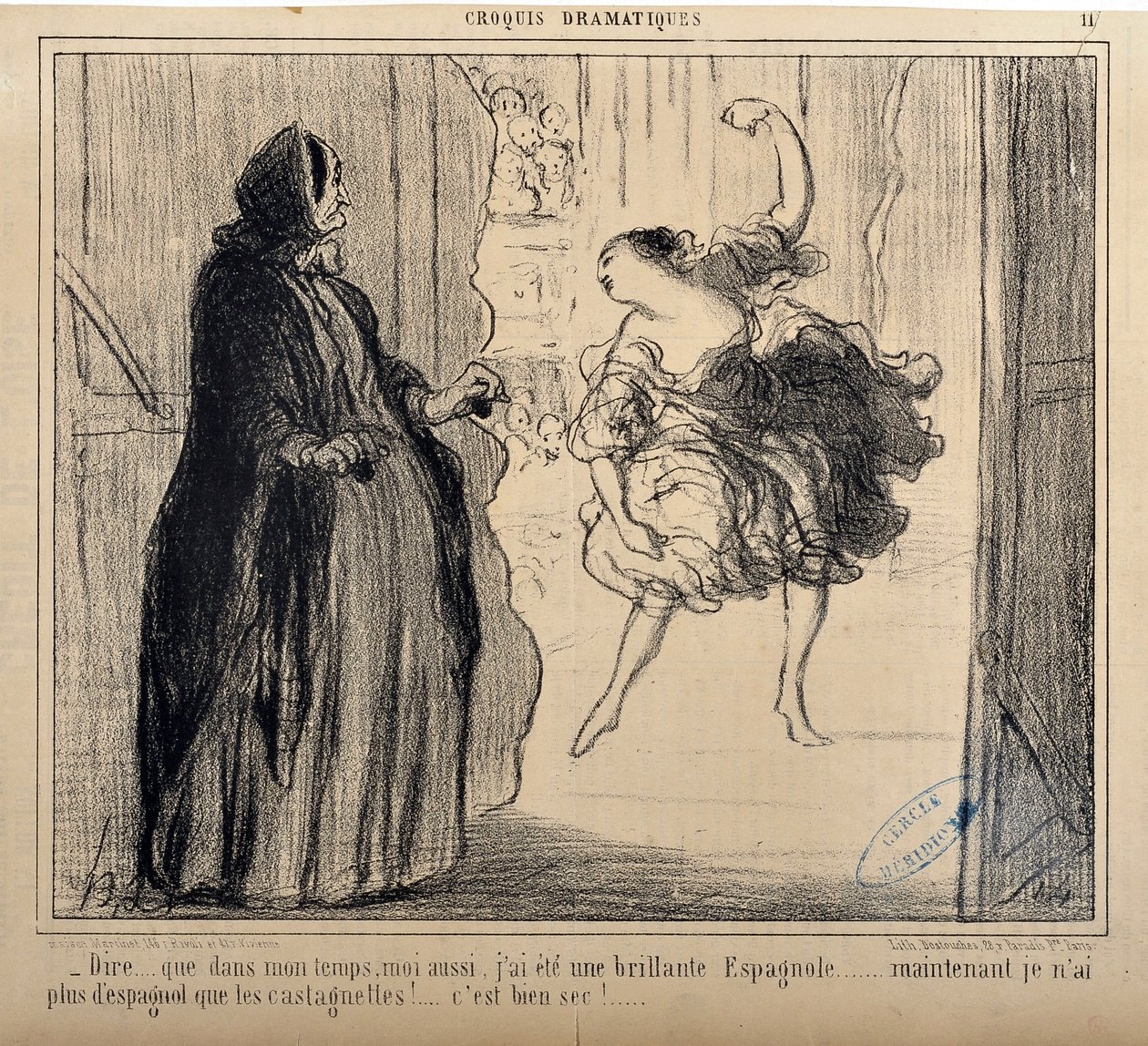 कहने के लिए ... कि मेरे समय में भी, मैं एक शानदार स्पेनिश था ... अब मेरे पास स्पेनिश नहीं है, लेकिन कास्टानेट है! C'est bien sec Engraving by Honor Daumier (1808-1879) "ले चारिवारी" में। पालिस लॉन्गचैम्प, मुसी डेस बीक्स आर्ट्स डी मार्सिले। द्वारा होनोरे ड्यूमियर