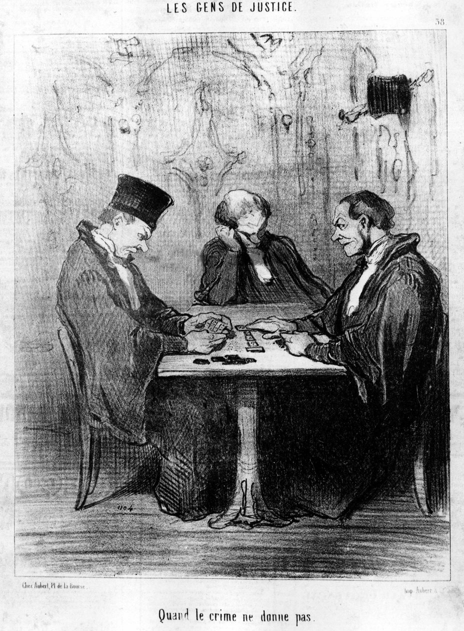 जब अपराध नहीं देता है, "जेन्स डी जस्टिस" से लिया गया, ऑनर ड्यूमियर (1808-1879) द्वारा न्याय पर कार्टून की श्रृंखला। "चारिवारी" द्वारा होनोरे ड्यूमियर