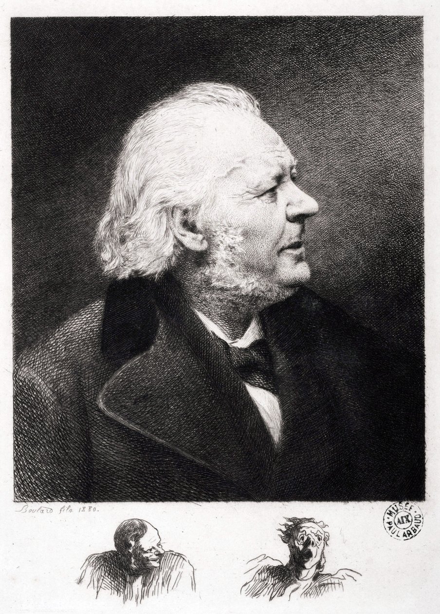 पोर्ट्रेट ऑफ़ ऑनर ड्यूमियर (1808-1879), फ्रांसीसी उत्कीर्णक, चित्रकार और मूर्तिकार। बेटे बोलार्ड की नक्काशी द्वारा होनोरे ड्यूमियर