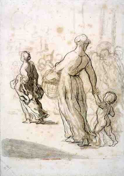दो महिलाएं और एक बच्चा, c.1848-50 (प्राचीन कागज पर चाक, चारकोल और गौचे) द्वारा होनोरे ड्यूमियर