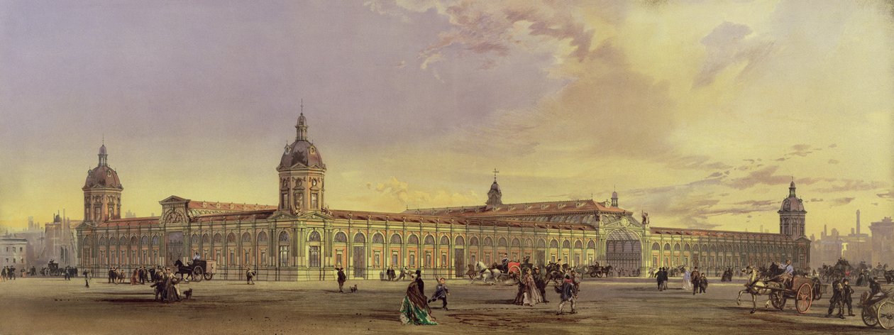 मेट्रोपॉलिटन मीट एंड पोल्ट्री मार्केट, स्मिथफील्ड, लंदन, 1868, आर्किटेक्ट द्वारा एक पेंटिंग के बाद (क्रोमोलिथो) द्वारा होरेस जोन्स