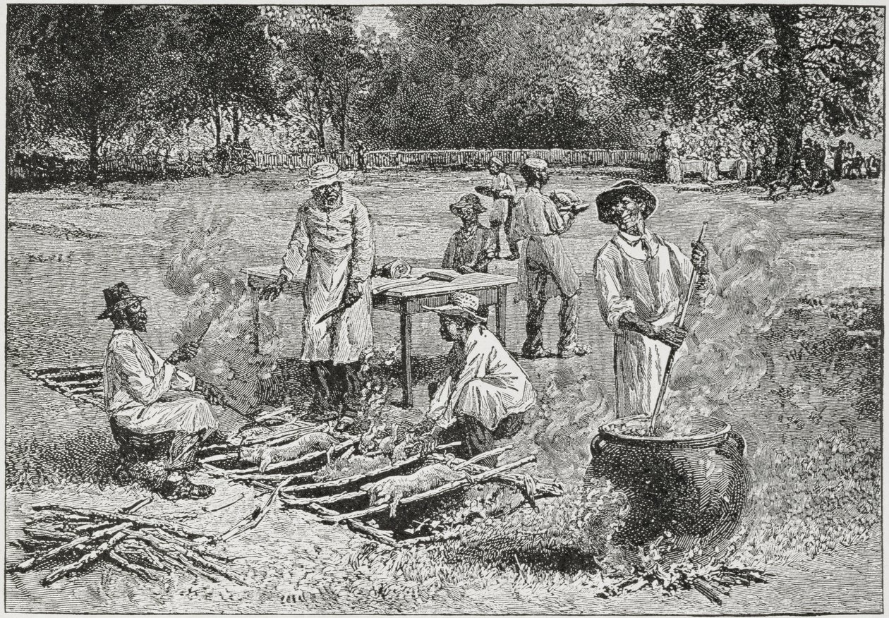 एक दक्षिणी बारबेक्यू, &39;हार्पर का वीकली&39;, 1887 का चित्रण, राल्फ हेनरी गेब्रियल, 1926 द्वारा &39;द पेजेंट ऑफ अमेरिका, वॉल्यूम 3&39; से। द्वारा होरेस ब्रैडली