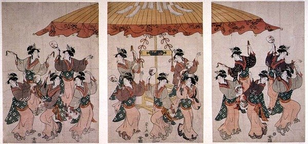सुमियोशी डांस, ट्रिप्टिच, c.1791 (रंगीन वुडब्लॉक प्रिंट) द्वारा होसोदा ईसीआई