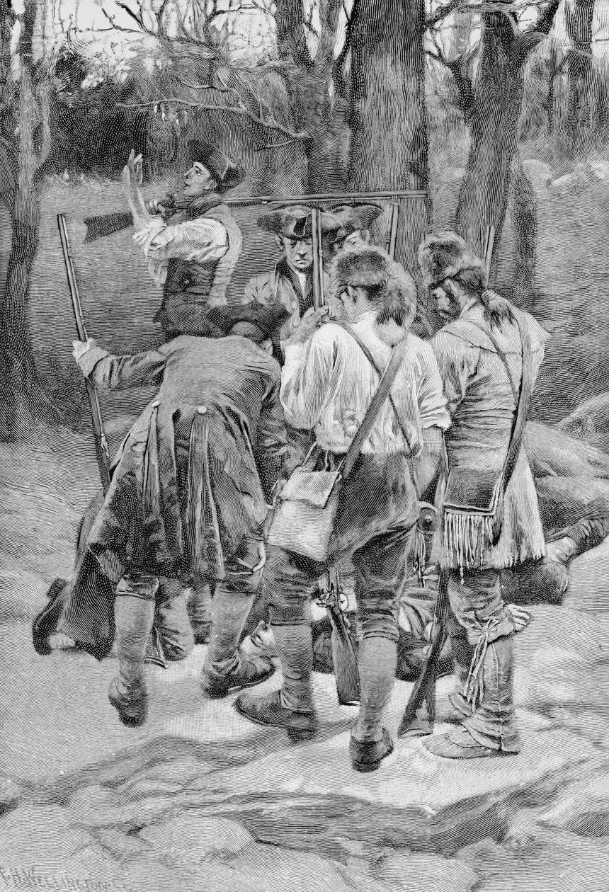 एफएच वेलिंगटन द्वारा उकेरी गई उनकी रचनाओं में से एक, स्कैलप्ड एंड होरीली मंगल्ड, बॉडी की खोज, हावर्ड पाइल, पब द्वारा &39;ऑन द आउटपोस्ट्स - 1780&39; से चित्रण। हार्पर की पत्रिका में, 1888 (लिथ) द्वारा हावर्ड पाइल