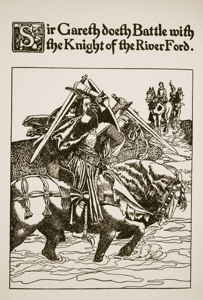 फोर्ड के नाइट के साथ सर गैरेथ का युद्ध, 1907 में &39;सर लूनसेलॉट और उनके साथियों की कहानी&39; का चित्रण द्वारा हावर्ड पाइल