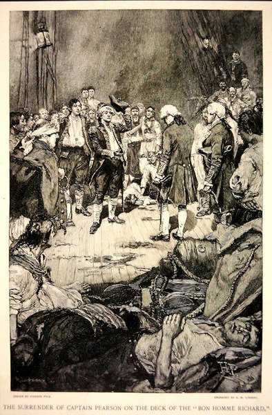 1779 में बोनहोम रिचर्ड के डेक पर जॉन पॉल जोन्स को कैप्टन पियर्सन का आत्मसमर्पण (लिथो) द्वारा हावर्ड (बाद) पाइल